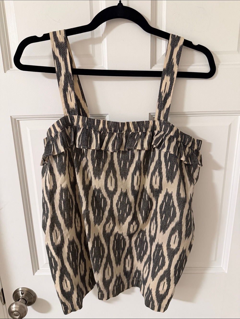 J. Crew Ikat Print Ruffle Flounce Tank Top Charcoal Gray/Ecru Boho Size 4